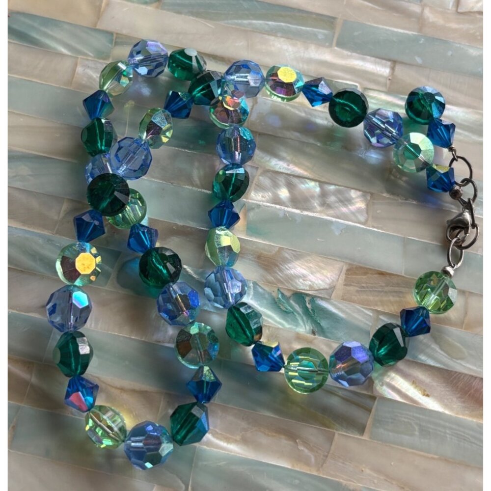 Sterling Silver AB Crystal Necklace Blue & Green Faceted Brilliant Beads Vintage - Picture 9 of 9